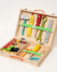 Wooden toy tool set with tool box and pretend tools