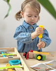 Wooden toy tool set with tool box and pretend tools – view 2