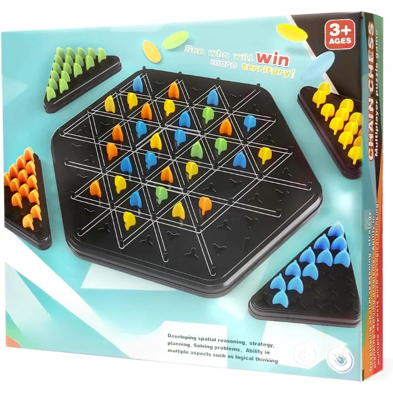 Triangle chain strategy board game with rubber bands