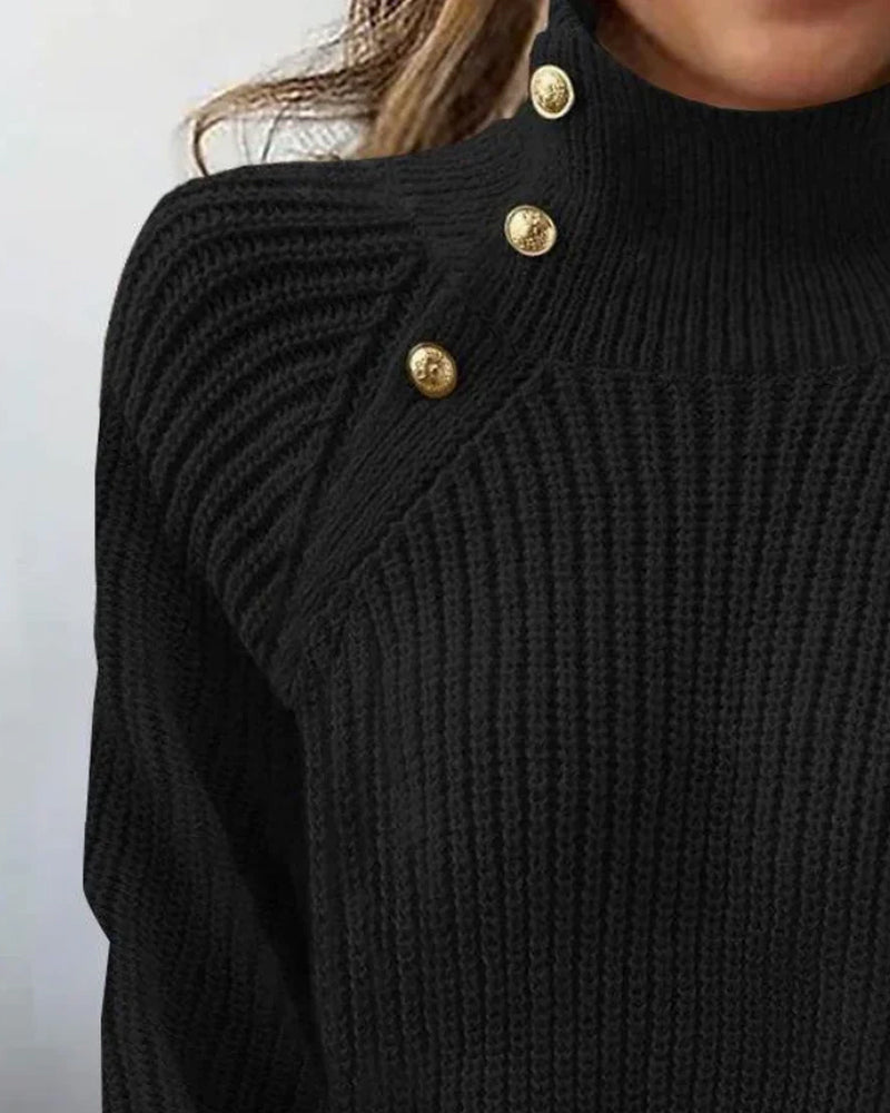 High-Neck Metallic-Button Sweater