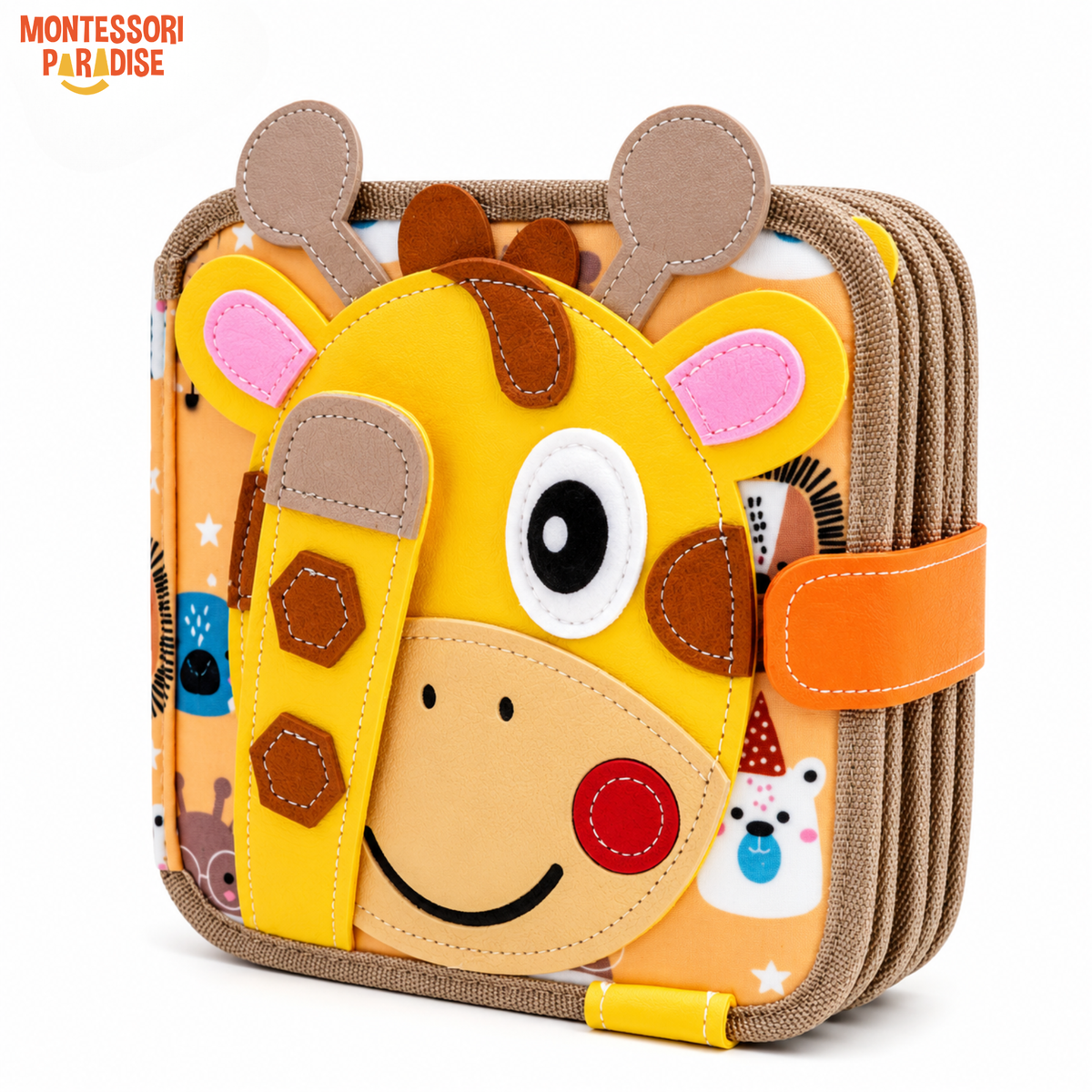 Giraffe busy book with buttons and zippers