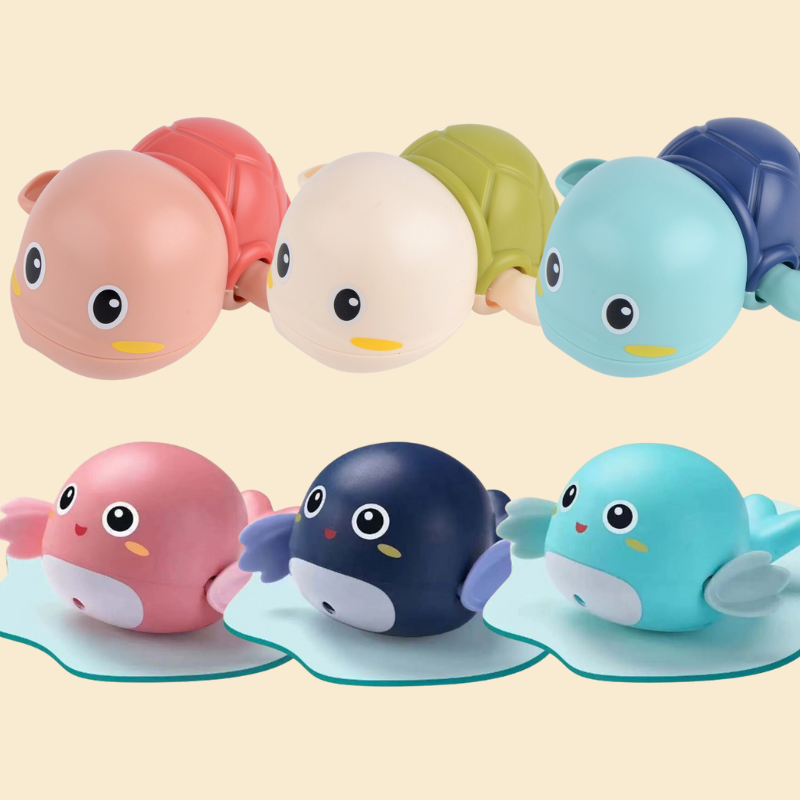 Wind-up swimming turtle bath toys floating in tub – view 3
