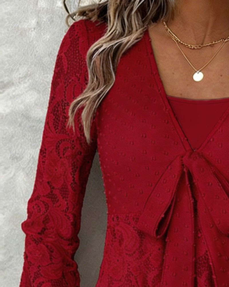 Solid Color Bell Sleeve V-Neck Blouse