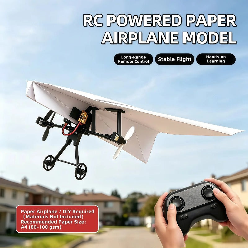 RC paper airplane conversion kit in flight – view 2