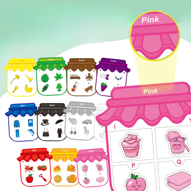 Magnetic color matching game with picture magnets