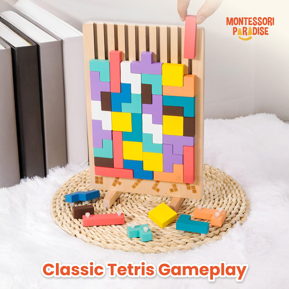 Wooden pattern blocks board with colorful shapes – view 3