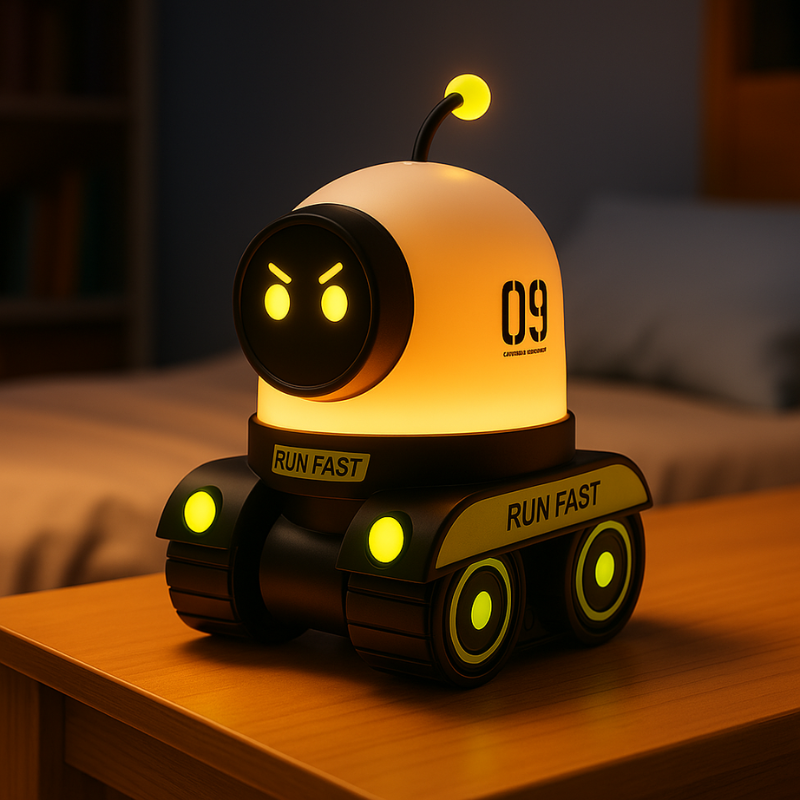 Robot star projector night light glowing in bedroom