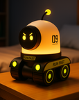 Robot star projector night light glowing in bedroom