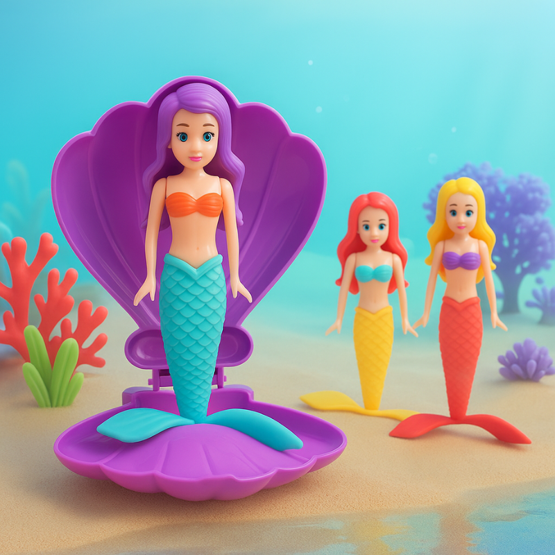 Mermaid toy spiraling up from pink shell underwater