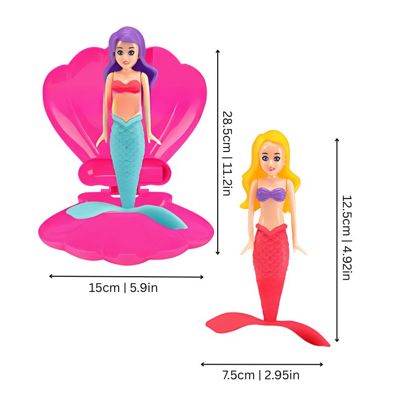 Mermaid toy spiraling up from pink shell underwater – view 2
