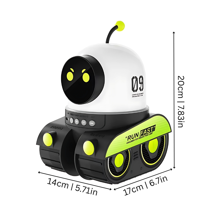 Robot star projector night light glowing in bedroom – view 3