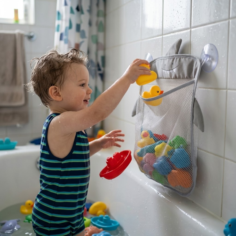 Mesh bath toy organizer bag on bathroom tiles – view 2