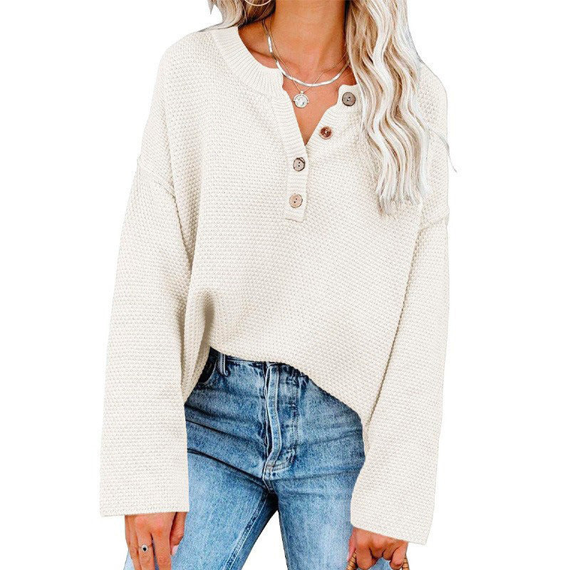 Button Pullover V-Neck Knitted Sweater