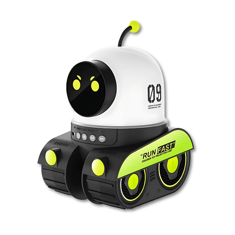 Robot star projector night light glowing in bedroom – view 2