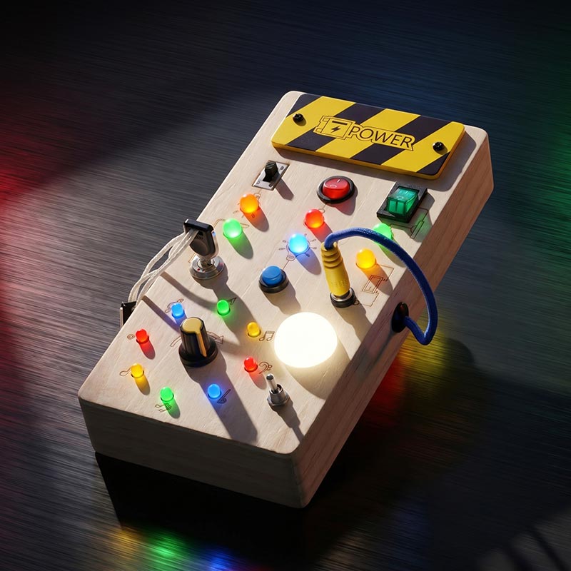 Wooden light switch busy board with LED lights – view 2