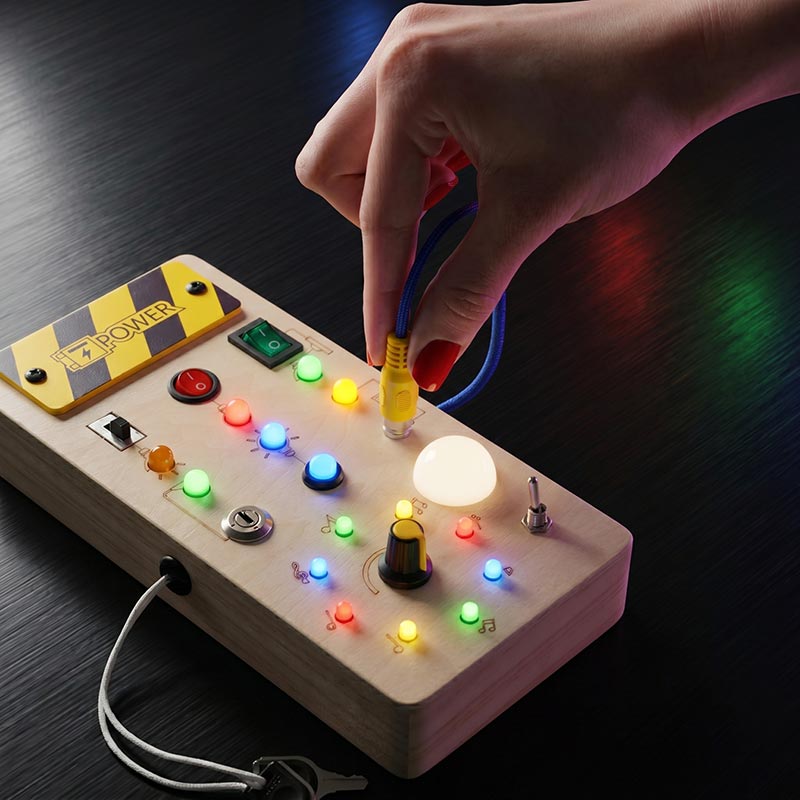 Wooden light switch busy board with LED lights – view 4