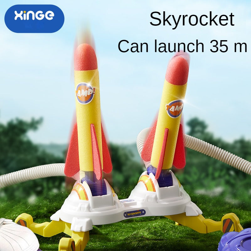 Stomp rocket launcher sending light-up foam rocket upward