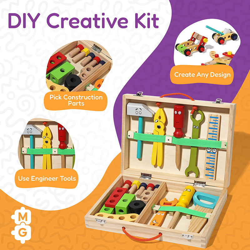 Wooden toy tool set with tool box and pretend tools – view 3