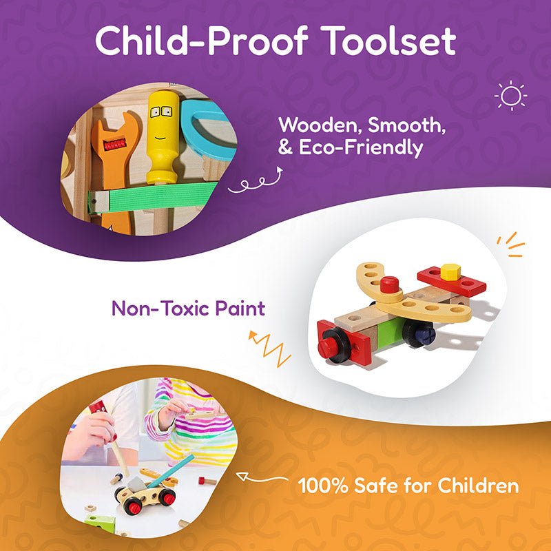 Wooden toy tool set with tool box and pretend tools – view 9