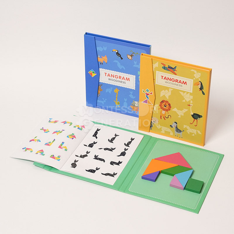 Magnetic tangram puzzle book with wooden pieces
