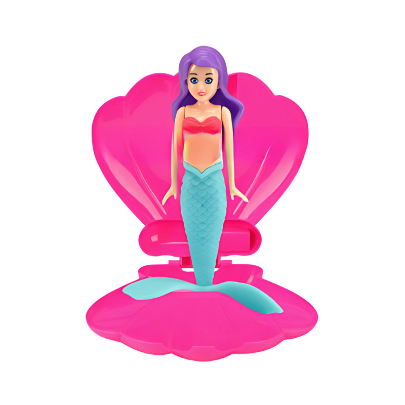 Mermaid toy spiraling up from pink shell underwater – view 3