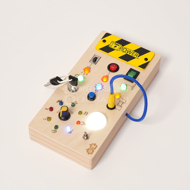 Wooden light switch busy board with LED lights