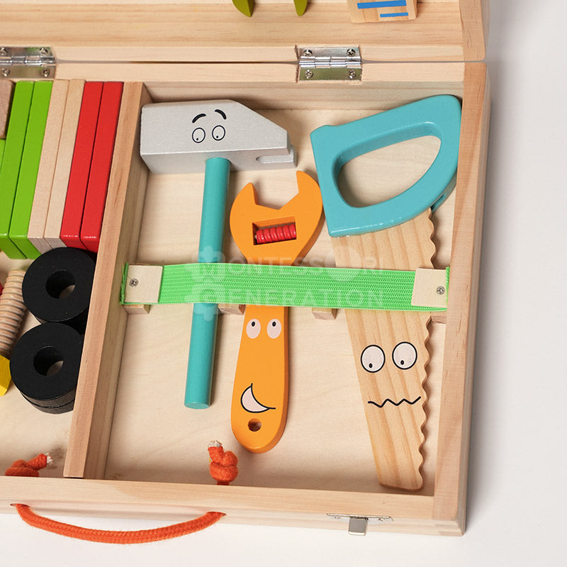 Wooden toy tool set with tool box and pretend tools – view 4