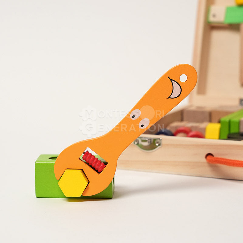 Wooden toy tool set with tool box and pretend tools – view 5