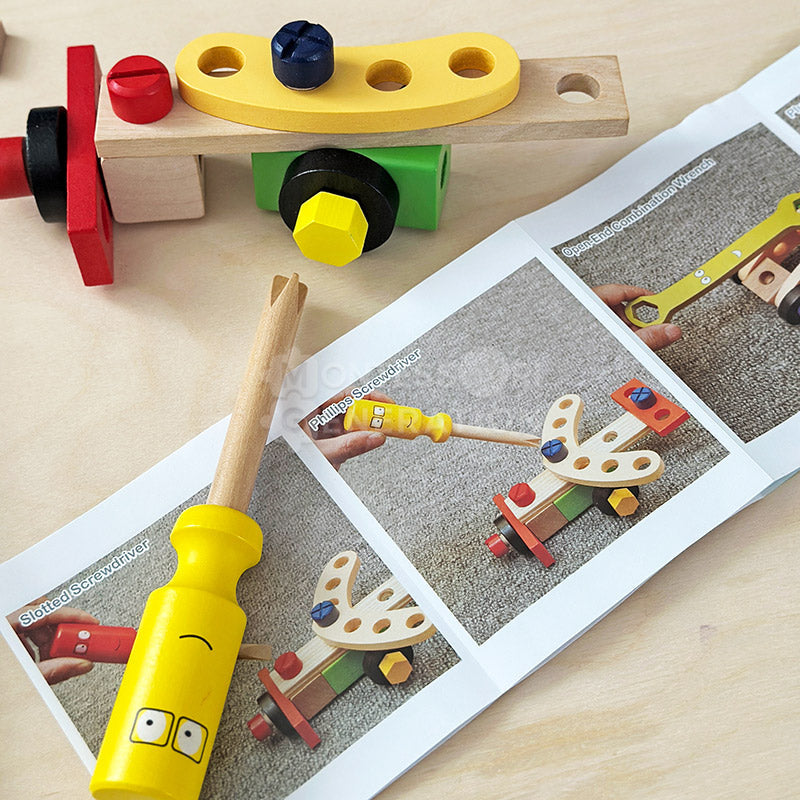 Wooden toy tool set with tool box and pretend tools – view 10