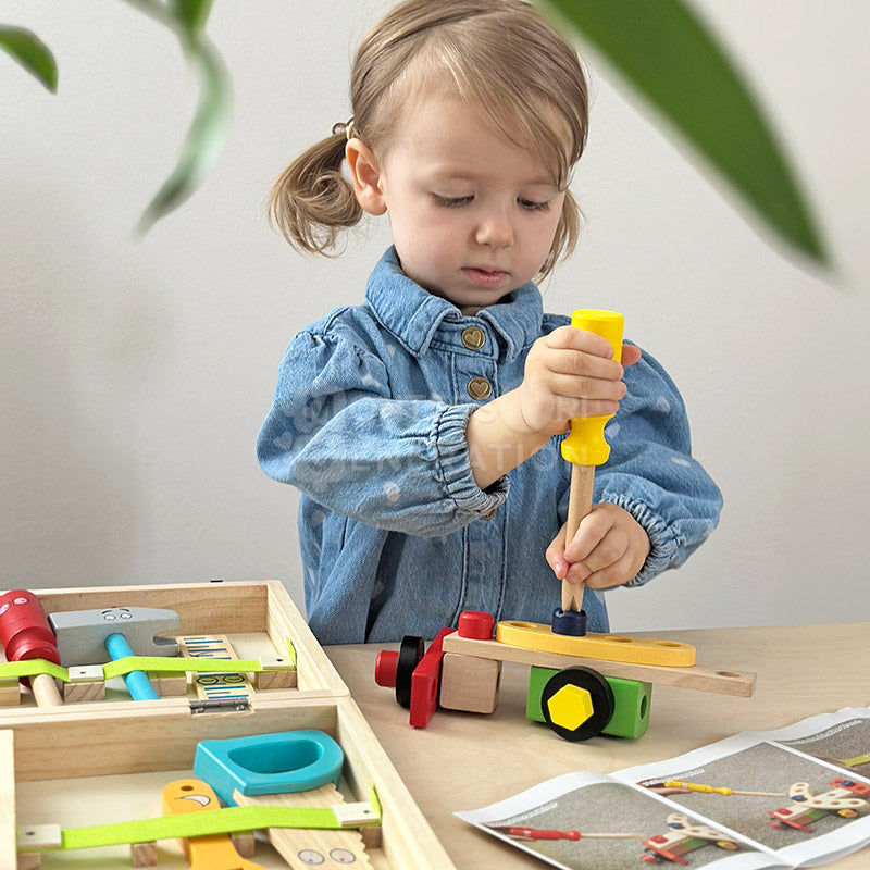 Wooden toy tool set with tool box and pretend tools – view 2