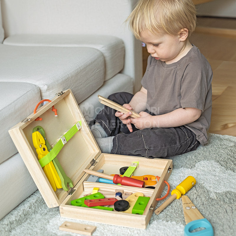 Wooden toy tool set with tool box and pretend tools – view 7